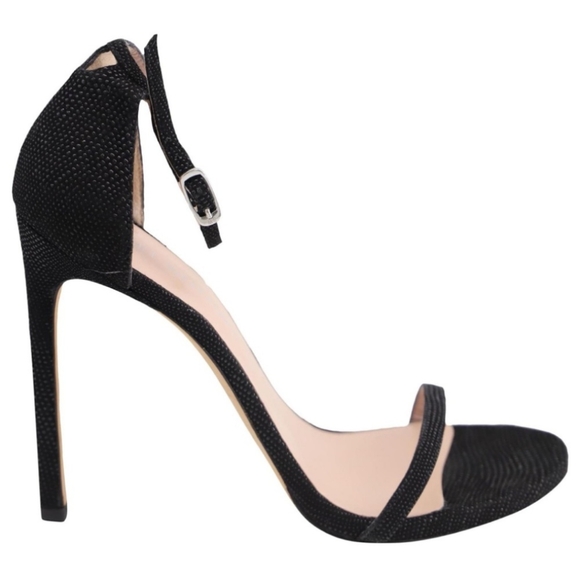 Stuart Weitzman Black Textured Leather Nudist Heeled Sandals - Picture 1 of 10